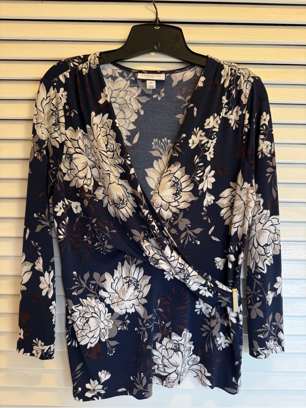 Charter Club Navy Floral Wrap Top with Cream Blooms